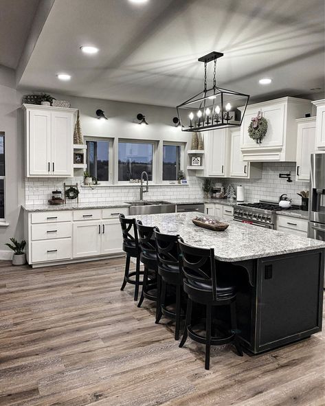 Black And White Farmhouse Kitchen, Open Kitchen And Living Room, Black Kitchen Island, Farmhouse Kitchen Design, July 1st, Kitchen Inspiration Design, Modern Farmhouse Kitchens, Kitchen Redo, Large Kitchen