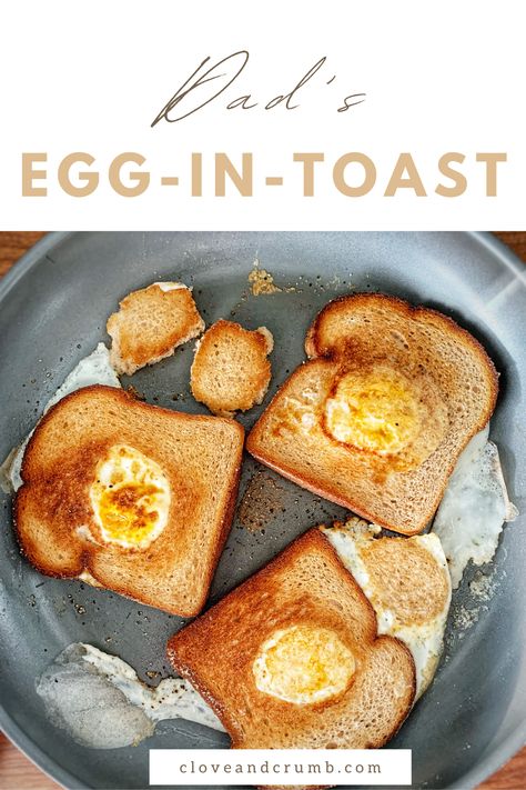 Buttery toast, runny egg, 3 ingredients, and ready in 10 minutes. Dad's Egg-in-Toast (or Egg in a Hole) breakfast is hard to beat! Easy breakfast, family friendly breakfast, Egg in a Hole, Toad in the Hole, Egg in a Basket, One-Eyed Jack Eggs In A Hole Recipe, Toast With Egg In The Middle, Egg In The Hole, Buttery Toast, Egg In A Basket, Breakfast Family, Family Friendly Breakfast, Egg In A Hole, Dippy Eggs