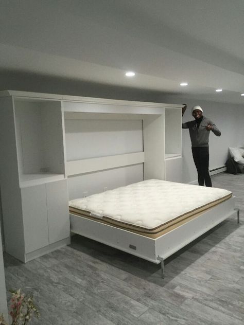 custom queen-size horizontal with raised panels custom cabinets and custom crown molding pure white - opened Murphy Bed Ideas, Mattress Measurements, Best Murphy Bed, Horizontal Murphy Bed, Murphy Bed Ikea, Murphy Wall Beds, Murphy Bed Desk, Queen Murphy Bed, Modern Murphy Beds