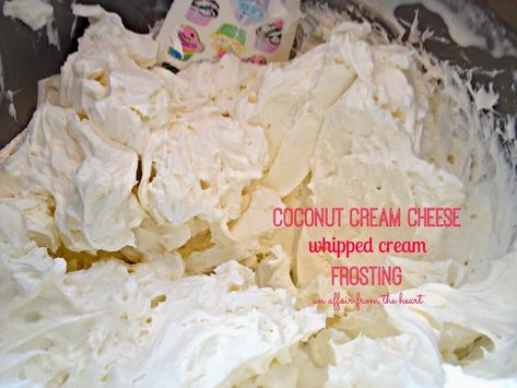 Coconut Cream Cheese Whipped Cream Frosting Cream Cheese Whipped Cream Frosting, Chocolate Pretzel Bars, Whipped Cream Frosting Recipe, Cream Cheese Whipped Cream, Coconut Cream Cheese, Coconut Cream Cheese Frosting, 4 Cupcakes, Chocolate Caramel Pretzels, Heart Recipes