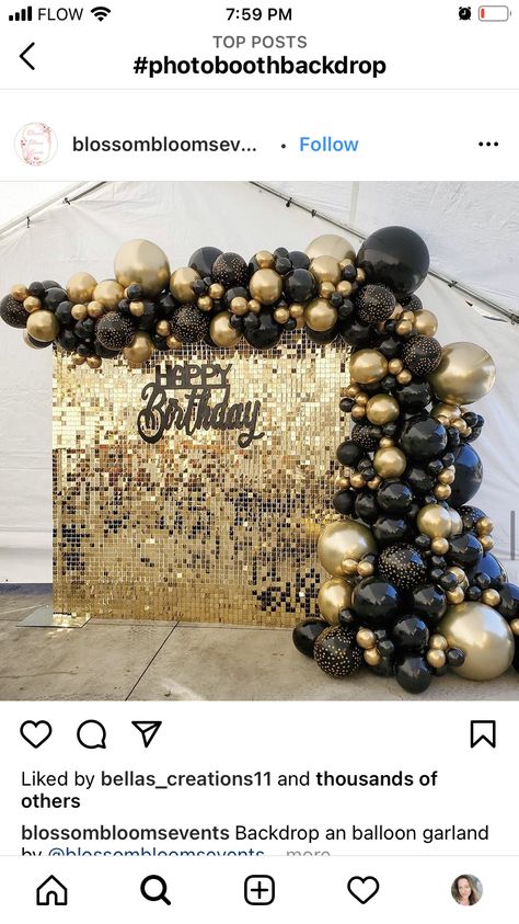 Black And Gold Pool Party Decorations, Gatsby Balloon Backdrop, Black Golden Theme Decoration, Photobooth Black And Gold, Black Golden Ballons Decoration, Black And Gold Balloons Background, Bling Birthday Party, Shimmer Wall Backdrop, Surprise 50th Birthday Party