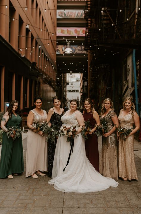 Mismatched sequin bridesmaids dresses in gold, emerald, black + burgundy | Image by Northern Native Photography Glam Wedding Dress, Neutral Bridesmaid Dresses, Fall Tones, Stunning Bridesmaid Dresses, White Bridal Dresses, June Bug, Simple Bridesmaid Dresses, Gold Bridesmaid Dresses, Black Bridesmaids