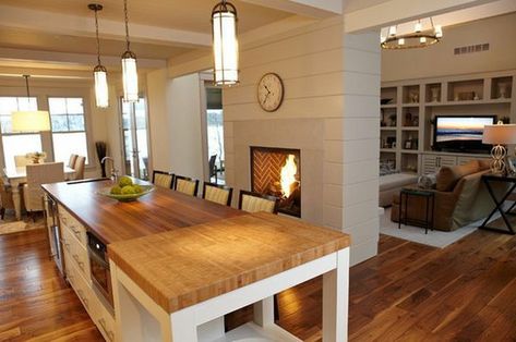 Fireplace Between Kitchen And Living, Two Sided Fireplace, Double Sided Fireplace, Lakeside Cottage, Casa Country, Kitchen Fireplace, Fireplace Remodel, Home Fireplace, Family Room Design