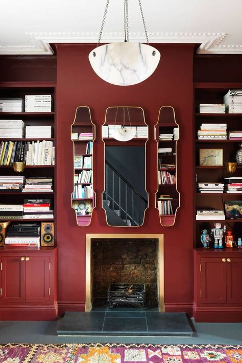 Oxblood Red Living Room Alcove Bookshelves, Nottingham Cottage, Library Fireplace, Red Living, Airy Room, Paint Your House, Living Room Red, London House, Georgian Homes