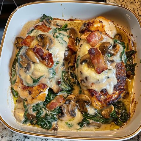 Smothered Chicken with Creamed Spinach Bacon And Mushrooms Smothered Chicken With Creamed Spinach, Chicken With Creamed Spinach, Chicken Spinach Mushroom, Monterey Chicken, Pepper Seasoning, Smothered Chicken, Lemon Pepper Seasoning, How To Cook Mushrooms, Chicken Breast Seasoning