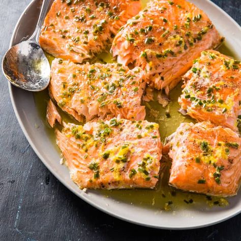 Slow-Roasted Salmon with Chives and Lemon | Cook's Country Slow Roasted Salmon, Cooks Country Recipes, Donut Toppings, America's Test Kitchen Recipes, Salmon Dinner, Slow Roast, How To Cook Fish, America's Test Kitchen, Cooks Illustrated