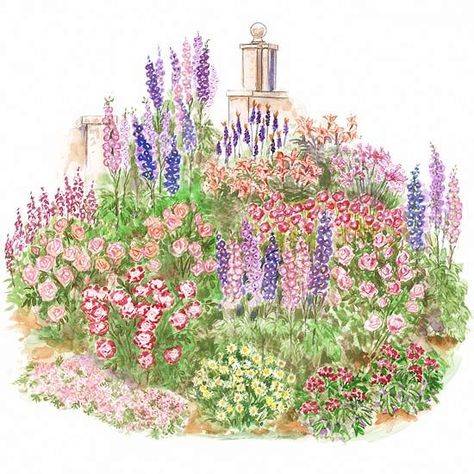 This garden plan uses soft pinks, yellows, blues, purples, and whites to create an old-fashioned English cottage garden. Garden size: 20 by 16 feet. Food Editorial, Cottage Garden Plan, Long Blooming Perennials, Nature Food, Fashion Nature, Garden Plan, Cottage Garden Design, Corner Garden, Cottage Garden Plants