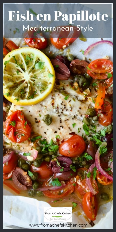 Fish Tomatoes Olives Capers, Halibut In Parchment Paper Recipes, Parchment Paper Meals, Halibut En Papillote, Halibut In Parchment Paper, Tautog Fish Recipe, Greek Fish Recipe, Fish In Parchment Paper, Fish In Parchment