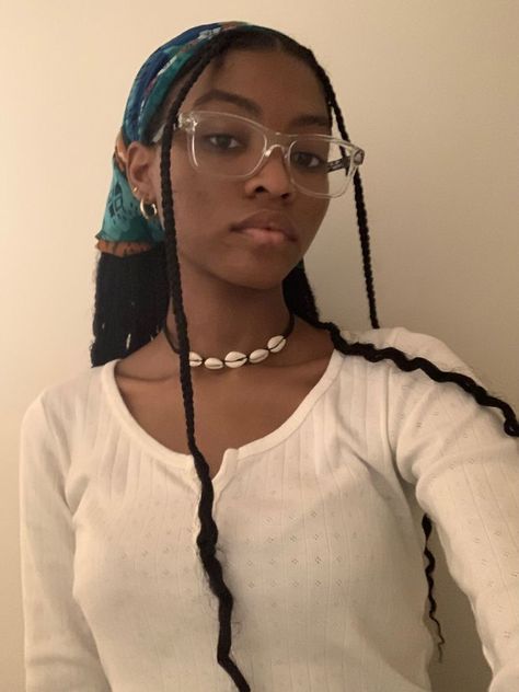 Scarf Braids 101: Perfect Styles for Newbies Knotless Braids With Head Scarf, Glasses With Hairstyles, Braided Hairstyles Aesthetic Black, Braids And Glasses Black Women, Box Braids Curly Ends Hairstyles, Hairstyle With Bandana Braids, Hairstyles With Scarfs For Black Women, Black Hairstyles With Bandanas, Scarf On Braided Hair Black Women