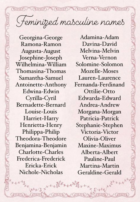 Feminine forms of masculine names. Traditional girl names. Vintage girl names. Male Victorian Names, 1930s Names, Male Name Aesthetic, Fancy Male Names, 1940s Names, Fantasy Feminine Names, Vintage Male Names, Feminine Names Aesthetic, Regency Names