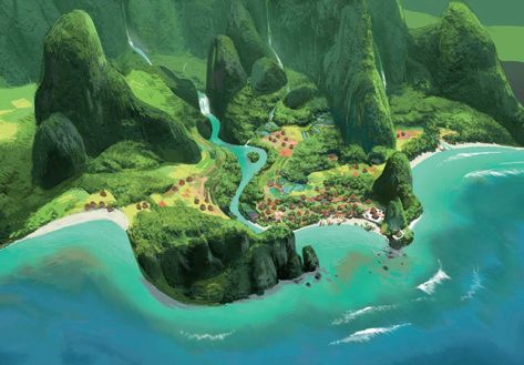 Island Environment Concept Art, Fantasy Pirate City, Fantasy Island Concept Art, Moana Landscape, Ocean Concept Art, Island Concept Art, Moana Concept Art, Island Mountain, Character Design Disney