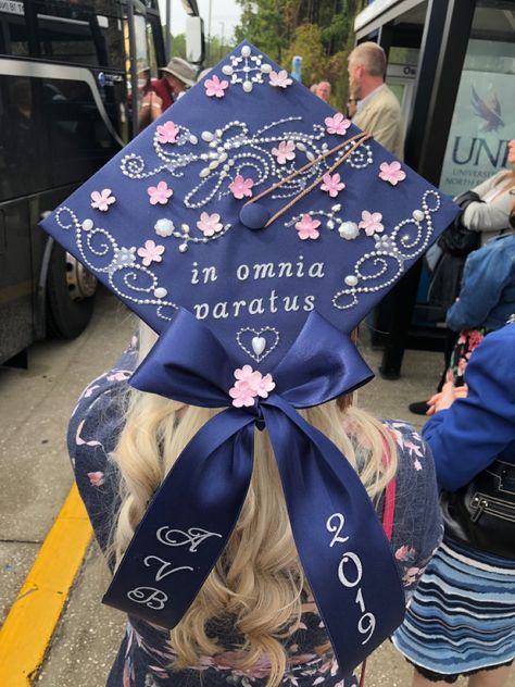 Graduate Hat Ideas, Blue Cap Graduation Decoration, Little Women Graduation Cap, In Omnia Paratus Graduation Cap, Blue Grad Cap Decoration, Graduation Cap Designs No Words, Fairy Graduation Cap, Blue Cap Decoration Graduation, Bow Graduation Cap