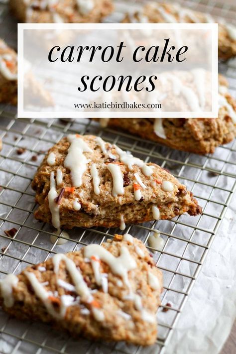 Carrot Cake Scones with a cream cheese glaze on a cooling rack. Dessert Scones, Quick Carrot Cake, Classic Easter Desserts, Carrot Cake Scones, Spiced Carrot Cake, Carrot Spice Cake, Spiced Carrots, Cake For Breakfast, Shredded Carrots