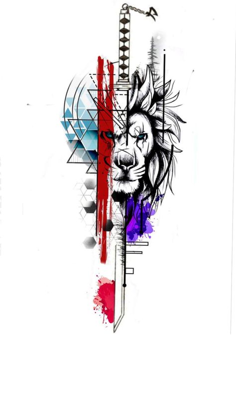 Trash Polka Design, Geometric Watercolor Tattoo, Bus Sticker, Meaningful Tattoos For Men, Geometric Lion Tattoo, Trash Polka Tattoo Designs, Tattoo Japanese Style, Abstract Tattoo Designs, Geometric Lion