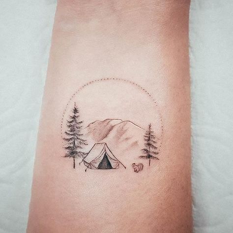 Camping Tattoo Ideas For Women, Best Friend Outdoor Tattoos, Tattoo Outdoors Nature, Park Ranger Tattoo, Tattoo Ideas Camping, Small Camping Tattoo Ideas, Matching Camping Tattoo, Tattoo Ideas Nature Simple, Camping Tattoo Ideas Simple