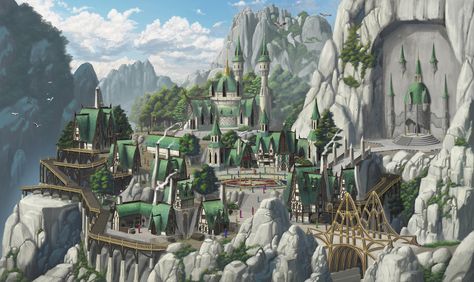 ArtStation - Elf Village, MuSeup Choi Dnd Elven City, Elf Castle, Elf Kingdom, Elven Architecture, Anime Dnd, Elf Village, Elf City, Elven City, Village Background