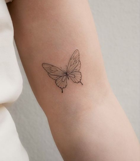 Half Wing Butterfly Tattoo, Small Butterfly Tattoo Back Of Arm, Majestic Butterfly Tattoo, Soft Shaded Tattoos, Timeline Butterfly Tattoo, Fine Line Tattoo Ideas Butterfly, Tatoos Butterfly Woman, Inner Arm Butterfly Tattoos For Women, Butterfly Tattoo Delicate