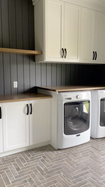 Fun Laundry Room Backsplash, Laminate Laundry Room Countertop, Laundry Room With Board And Batten, Iron Ore Laundry Cabinets, Laundry Room With Accent Wall, Neutral Laundry Room Ideas, Laundry Room With Butcher Block Counter, Laundry Room With Shiplap Walls, Laundry Room Shiplap