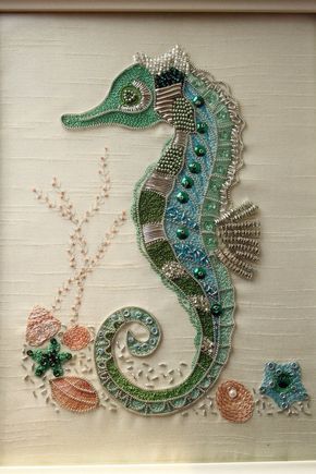 Seahorse embroidery by StitchingDreams on DeviantArt Seahorse Art, Gold Work, Embroidery Inspiration, Ribbon Embroidery, Embroidery And Stitching, Beautiful Embroidery, Crazy Quilts, Embroidery Projects, Fabric Art