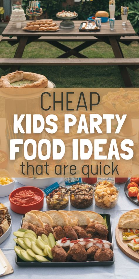 Picnic table with assorted kids' party foods like finger sandwiches, chips, and snacks. Cheerful outdoor setting with text: "Cheap Kids Party Food Ideas." Party Food No Cook, Quick And Easy Birthday Party Food, Easy Cheap Birthday Party Food, Friends Party Food Ideas, Foods For Kids Birthday Party, Food Ideas For A Birthday Party, Class Party Food Ideas, Kids Buffet Ideas, Easy Birthday Party Food For Kids