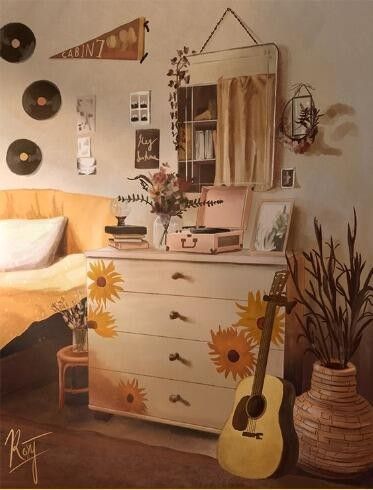 Pjo Room Decor, Hufflepuff Inspired Bedroom, Apollo Cabin Interior, Cabin 7 Apollo Aesthetic, Hufflepuff Bedroom Ideas, Cabin 7 Aesthetic, Apollo Cabin Aesthetic, Hufflepuff Room Decor, Cabin 7 Apollo