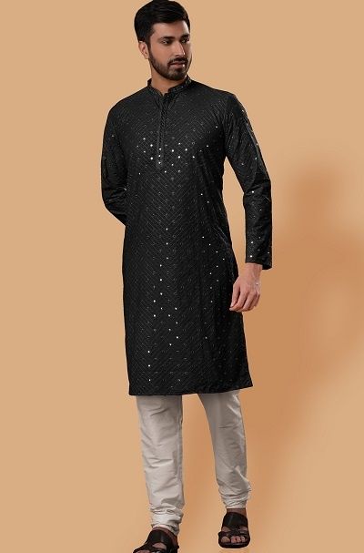 Latest 50 Types Of Black Kurta Designs for Men (2022) To get That Look! Black Kurta Men Style, Stylish Kurta For Men Black, Mens Black Kurta Designs, Kurti For Men Wedding, Black Kurta Pajama Men Pathani, Black Chicken Kurta For Men, Black Designer Kurta For Men, Black Kurta Embroidery Design Men, Black Kurta For Boys