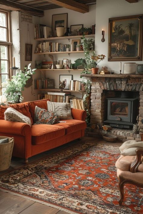 Minimalist Vintage Living Room, Mcm Cottage, Somerset Cottage, Cottage Core Living Room, Cottage Lounge, Den Design, Cozy Study, Affordable Living Room, Patterned Pillows