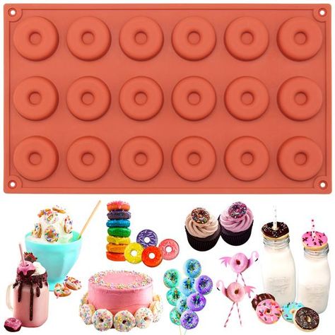 Mini Donut Silicone Mold 18... Donut Tray, Macarons Macaroons, Silicone Baking Pans, Baked Oatmeal Cups, Wedding Anniversary Cakes, Mini Doughnuts, Chocolate Cake Decoration, Fondant Silicone Molds, Mini Donuts