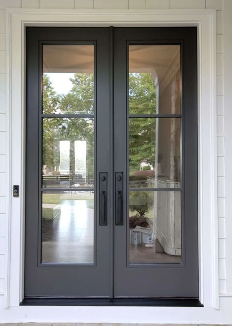 Custom Modern 3 Lite Full Lite Double Doors – Masterpiece Doors Double Porch Doors, Front Door Industrial, Modern Farmhouse Exteriors, Double Front Doors Entrance, Modern Glass Front Door, Back Door Ideas, Full Glass Front Door, Front Door Metal, Exterior Door Styles