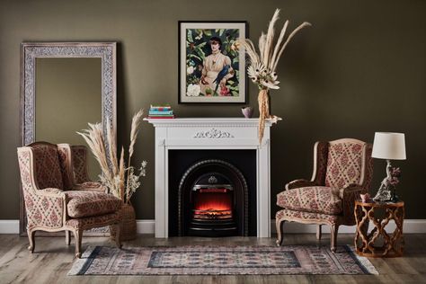 Fireplace package Installing A Fireplace, Blush Rug, Wall Mounted Fireplace, Traditional Armchairs, Mounted Fireplace, Bohemian Beauty, Perfect Aesthetic, Early Settler, Electric Fire