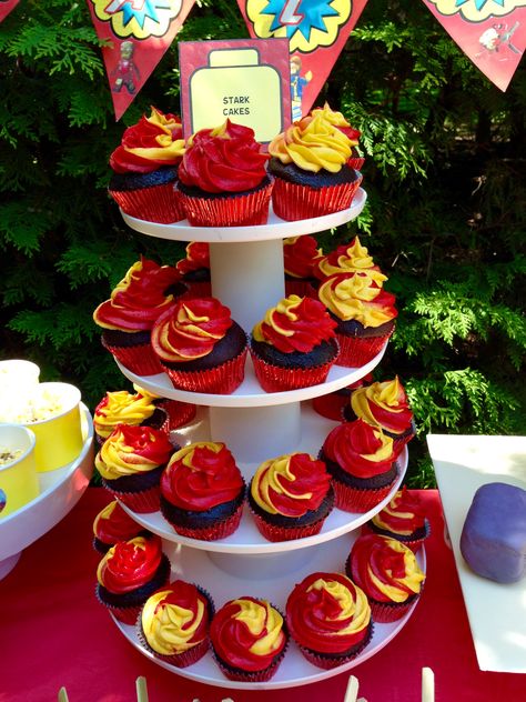 Lego Iron Man birthday party cupcakes red & yellow fire kids food Men Cupcakes, Iron Man Birthday Party, Incredibles Birthday Party, Lego Party Favors, Ideas For Cupcakes, Iron Man Party, Iron Man Birthday, Marvel Birthday Party, Birthday Men