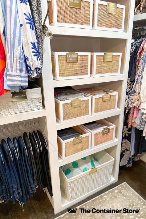 Our Brand Ambassador @soshomeorganization recently used our Artisan Rattan Cane Bins and Gold Bin Clip Labels to organize the clothes in this closet and it looks terrific! Shop all of our closet organization solutions here! Clothes Bin Storage Ideas, Closet Organization Bins Baskets, Bedroom Closet Organization Storage Bins, Closet Bins For Clothes, Walk In Closet Basket Organization, Shelves With Baskets For Storage Closet, Closet Shelf Bins For Clothes, Closet Storage Organization, Closet Organization Solutions