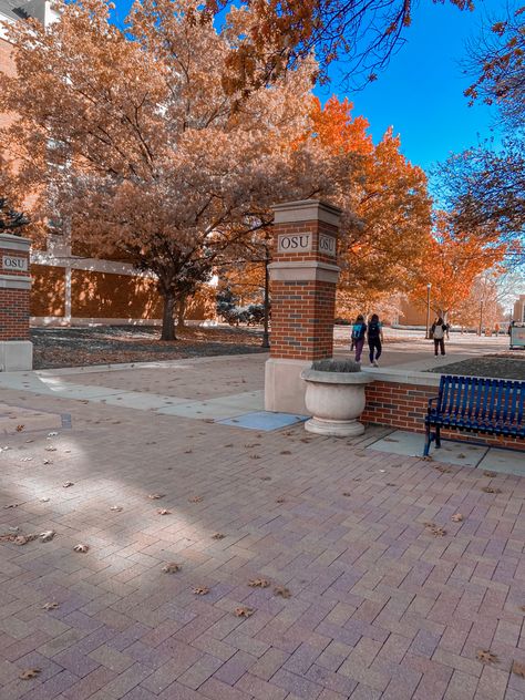 insta _cameron.mcconnell_ fall | stillwater | campus | november | leaves | oklahoma November Leaves, 50 States Travel, Stillwater Oklahoma, Go Pokes, College Stickers, College List, Travel Oklahoma, College Aesthetic, Dream College