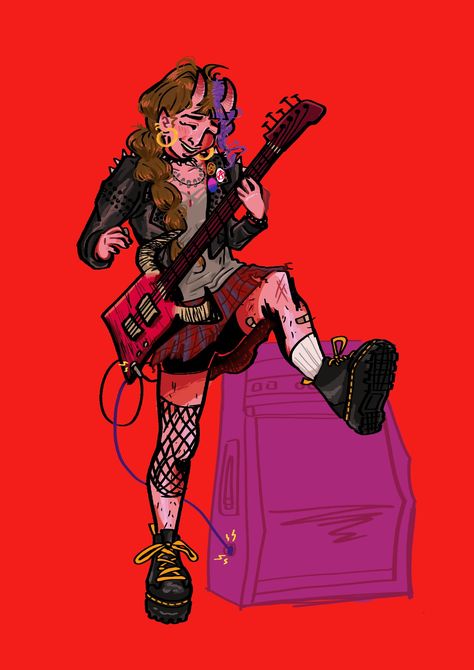 Digital drawing of Fig Faeth from Fantasy High, depicted in very saturated colors, passionately playing her electric guitar to the left of a purple amp in a bright red background. Fig Faeth Fanart, Fig Faeth, Fantasy High, Art Inspiration Drawing, Fig, Art Inspiration, My Art, Fan Art, Drawings