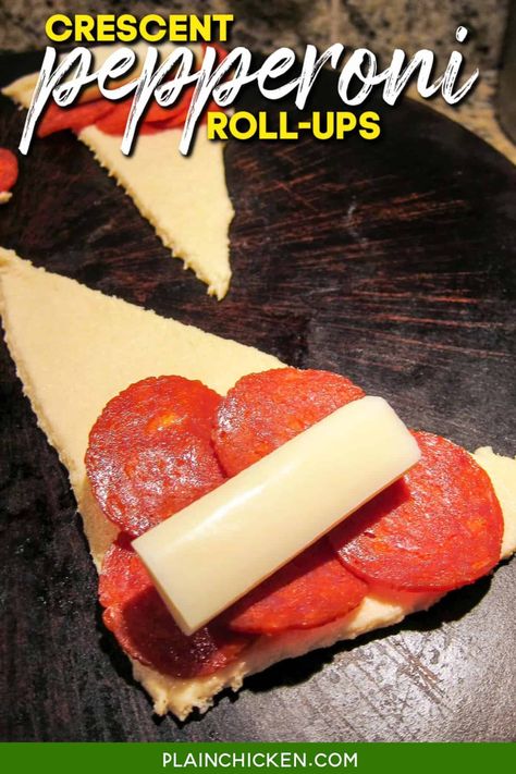 Crescent Pepperoni Roll-Ups - only 3 ingredients! Great for an after school snack or fun twist to pizza night! Crescent rolls, pepperoni, and string cheese. Serve with a side of hot pizza sauce. SO quick and easy. Everyone gobbles these up! #pizza #pepperoni #mozzarella #stringcheese #crescentrolls Easy Pizza Crescent Rolls, Pizza Roll Ups With Crescent Rolls, Pepperoni Pizza Crescent Roll Ups, Pepperoni Pizza Rolls Crescents, Pillsbury Fill Roll Bake, Pizza Pockets With Crescent Rolls, Pepperoni Crescent Roll Ups, Crescent Roll Snack Recipes, Pizza Roll Ups Crescent