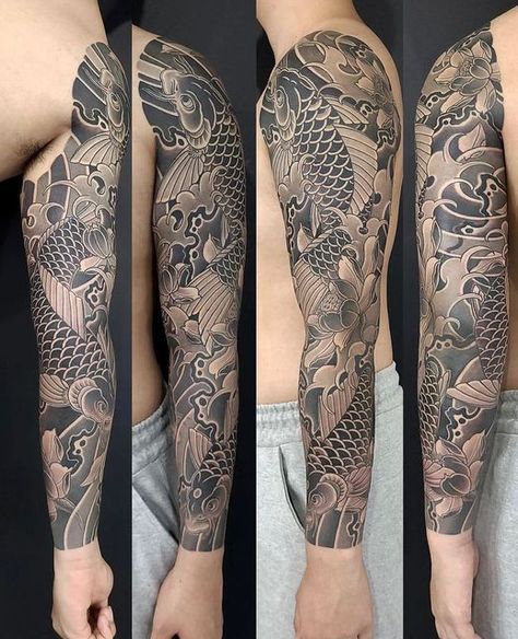 Chinese Sleeve Tattoos, Koi Fish Sleeve, Fish Scale Tattoo, Ryu Dragon, Traditional Japanese Tattoo Sleeve, Black Sleeve Tattoo, Japanese Koi Fish Tattoo, Koi Tattoo Sleeve, Black And Grey Tattoos Sleeve