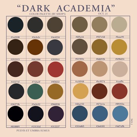 [image description: A color palette sheet designed to look like a vintage color sheet with 30 colors in the theme of dark academia. There are digital color codes under the swatches.] Academia Color Palette, Dark Academia Color Palette, Hogwarts Fashion, Dark Academia Color, Dark Acadamia, Dark Academia Style, Dark Academy, Palette Design, Academia Style