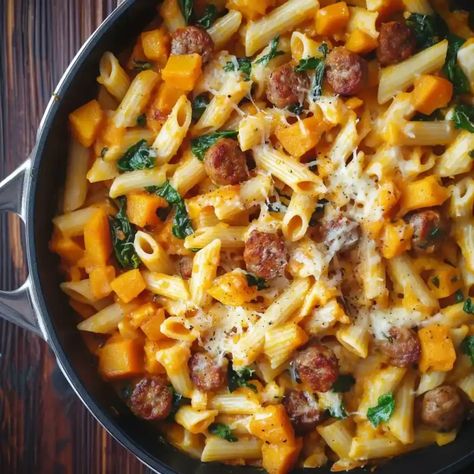 Creamy Butternut Squash Pasta with Sausage - Better Homebase Butternut Squash Pasta With Sausage, Butternut Squash Sausage Pasta, Asiago Chicken Pasta, Autumn Pasta, Creamy Butternut Squash Pasta, Italian Sausage Recipes Pasta, Butternut Squash Recipes Pasta, Butternut Squash Sausage, Squash Pasta Recipe