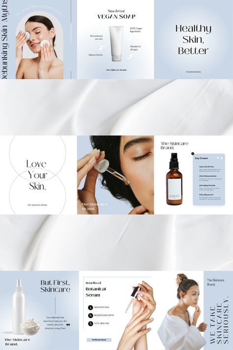 Hello everyone! I created an Instagram feed for a (fake) skincare brand. I’m quite obsessed with the outcome! 👀 Skincare Grid Instagram, Skincare Products Design Branding, Skincare Instagram Feed Layout, Beauty Instagram Feed Layout, Skincare Brand Post Ideas, Skincare Brand Instagram Feed Ideas, Instagram Skincare Feed, Skincare Instagram Feed Ideas, Skincare Layout Design