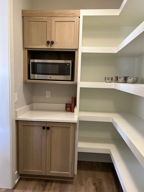 Small Pantry Design Ideas With Microwave, Coffee In Pantry, Pantry With Microwave Built Ins, Built In Microwave In Pantry, Vintage Pantry Design, L Shaped Pantry Cabinets, Small Appliances In Pantry, Small Pantry With Fridge, 4x5 Pantry