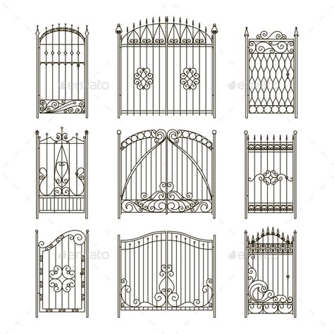 Iron Gates with Decorative Elements. Vector - Objects Vectors Wrought Iron Gate Designs, Tor Design, Wrought Iron Garden Gates, Porte In Ferro, Iron Garden Gates, Steel Gate Design, Iron Gate Design, Wrought Iron Gate, Window Grill Design