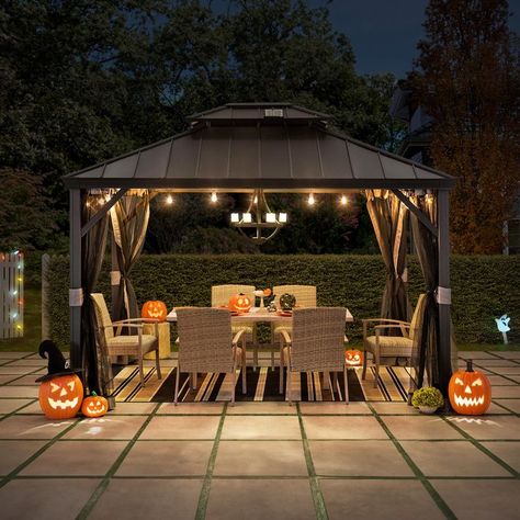 Happen to run out of ideas on how to decorate your backyard? Look no further as we have some frightfully fun ideas that will help you create a spooktacular backyard just in time for Halloween! 10x12 Gazebo, Outdoor Structure, Hardtop Gazebo, Privacy Curtains, Relaxing Outdoors, Mosquito Net, Break Out, Halloween Outdoor Decorations, How To Decorate