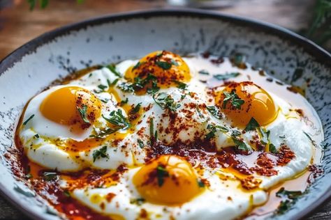 Turkish Eggs (Cilbir) Recipe - recipestasteful Cilbir Recipe, Turkish Eggs, Spiced Butter, Vegetarian Chili, Turkish Recipes, Poached Eggs, Light Recipes, Gluten Free Vegetarian, Fresh Herbs