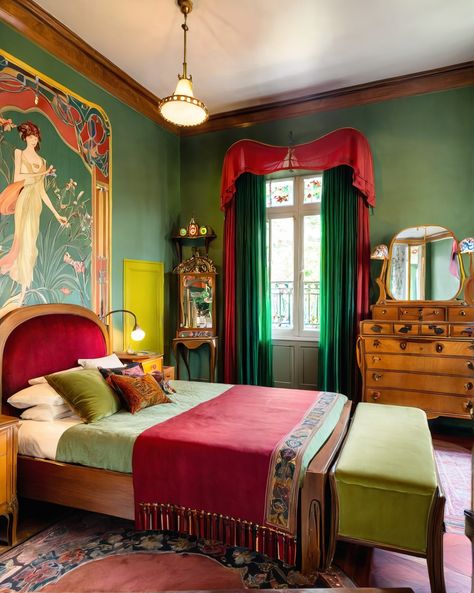 Art nouveau style colorful vintage room Art Nuevo Bedroom, Art Nouveau Maximalist Interior, French Art Nouveau Interior, Art Nouveau Bedroom Interior Design, Modern Art Nouveau Interior, Colorful Vintage Room, Art Nouveau Room, Art Nouveau Apartment, Whimsy House