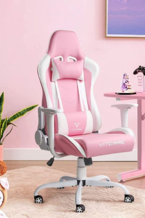 Pink And White Office, Pink Gaming Chair, Girly Pink Bedroom, Pink Desk Chair, Gamer Chair, Pink Games, White Office Chair, Pink Room Decor, Bedroom Games