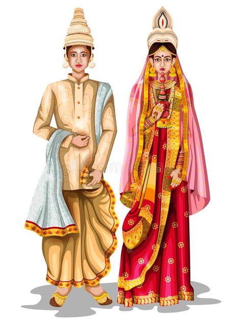 Bengali wedding couple in traditional costume of West Bengal, India vector illustration Bengali Wedding Couple, Punjab Festivals, Bride Fashion Illustration, Bride And Groom Cartoon, Wedding Couple Cartoon, Bengali Culture, Indian Couple, Bengali Bride, Fashion Illustrations Techniques