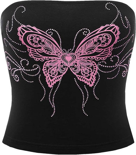 #Y2k Y2k Street Style, Y2k Crop Top, Sleeveless Tops Summer, Cropped Tube Top, Pink Butterfly, Womens Size Chart, Bandeau Top, Online Tops, Stylish Fashion