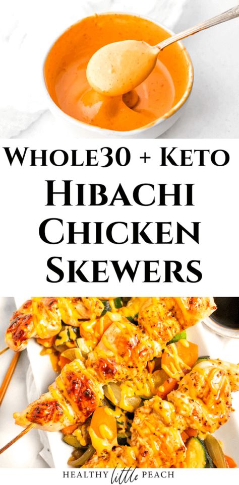 Hibachi chicken skewers served over grilled veggies and drizzled with Bang Bang Sauce. This recipe is Whole30, Keto and Paleo compliant. #whole30 #whole30recipes #keto #ketorecipes #hibachi #hibachichicken #chicken #chickenskewers #hibachirecipes Healthy Little Peach, Hibachi Chicken, Bang Bang Sauce, 30 Challenge, Whole30 Keto, 30 October, Best Meal Prep, Paleo Life, Grilled Veggies