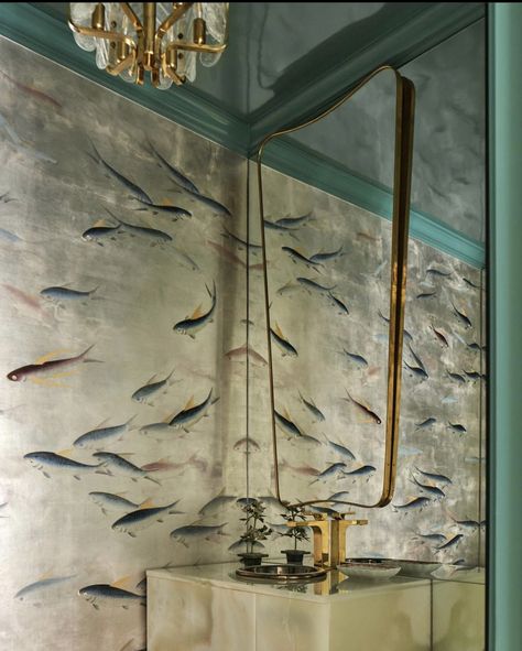 Gömda Rum, Jenkins Interiors, Contemporary Powder Room, Mirrored Wall, Metallic Wallpaper, Maximalism, Dream House Decor, Beautiful Bathrooms, Dream Home Design