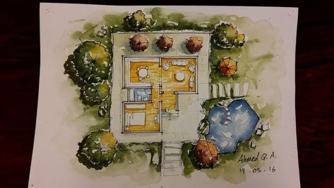 Ground Floor Plan Rendering by Watercolour Floor Plan Rendering, Watercolor Rendering, Plan Rendering, Rendered Floor Plan, Ground Floor Plan, Watercolor Techniques, A Typical, Architecture Drawing, Ground Floor